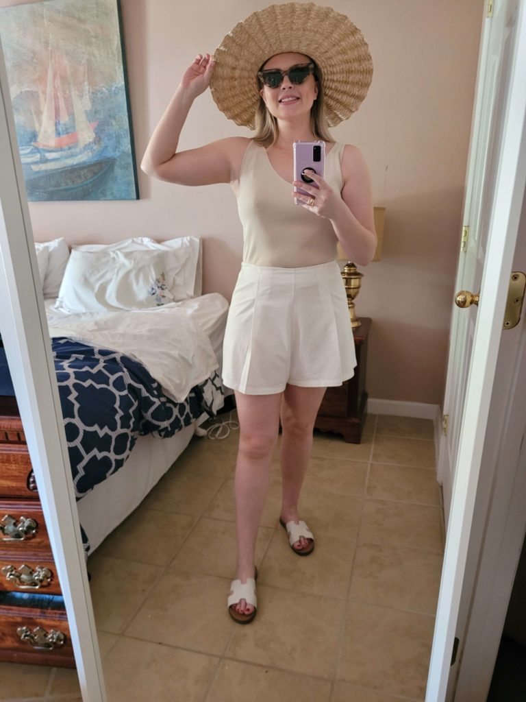 White shorts with scalloped hat