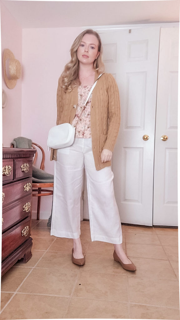 Cool casual fall outfit with linen pants and cardigan.