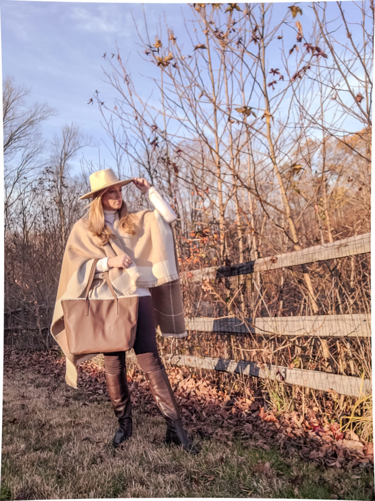 A poncho and hat outfit for autumn.